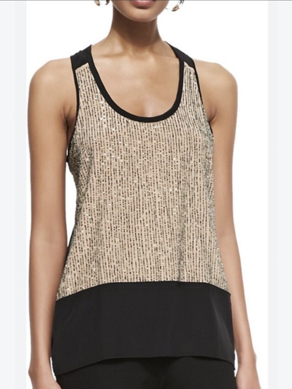 EILEEN FISHER Sequin Rivulet Silk Crepe de Chine BLACK ROSEWATER Top Large